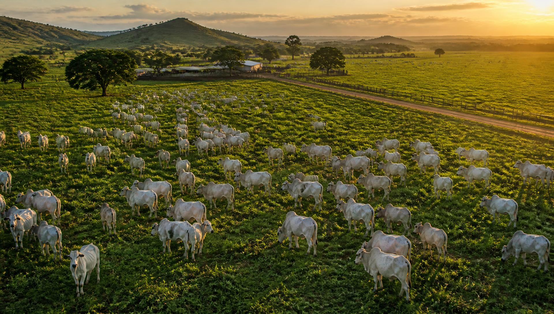 Vista aérea de fazenda de gado de corte ao entardecer com rebanho nelore em pastagem